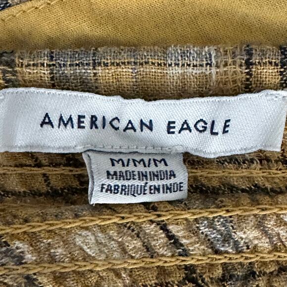 American Eagle Crop Top Womens M Yellow Linen Plaid Smocked Cottagecore 90s - Picture 3 of 4